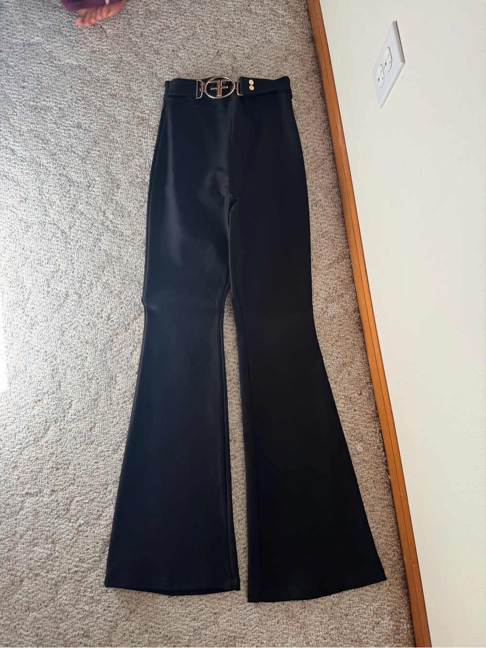 High-Rise Black Flare Pants with Decorative Gold Buckle Belt